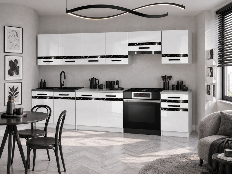 Meubles de cuisine Prestige 260 cm blanc brillant avec plan de travail Fabricant INF P Frida/0/WT/W/0/A1/CS
