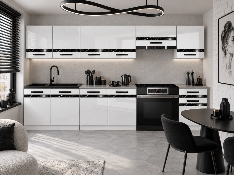 Meubles de cuisine Prestige 260 cm blanc brillant avec plan de travail Fabricant INF P Frida/0/WT/W/0/A1/CS