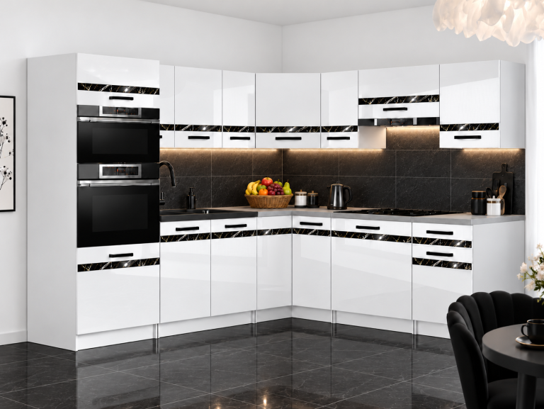 Meubles de cuisine Prestige 420 cm blanc brillant avec plan de travail Fabricant INF P Diego/0/WT/W/0/A1/CS