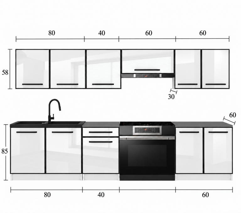Meubles de cuisine Linea 240 cm blanc mat avec plan de travail Fabricant TOR L Salvador/0/WT/WT/0/A1