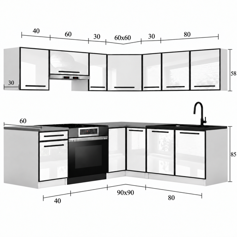 Meubles de cuisine Linea 360 cm blanc brillant avec plan de travail Fabricant INF L Pablo/0/WT/W/0/A1