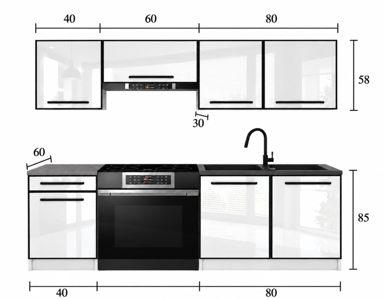 Meubles de cuisine Linea 180 cm blanc brillant avec plan de travail Fabricant INF L Leonardo/0/WT/W/0/A1