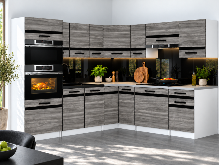 Meubles de cuisine Prestige 420 cm glamour wood sans plan de travail Fabricant TOR P Diego/0/WT/GW1/BB/A1/CM