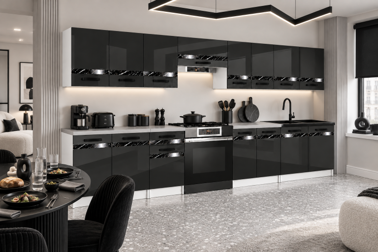 Meble kuchenne Prestige 320 cm czarny połysk z blatem Producent INF P Vincent/0/WT/B/0/A1/CS
