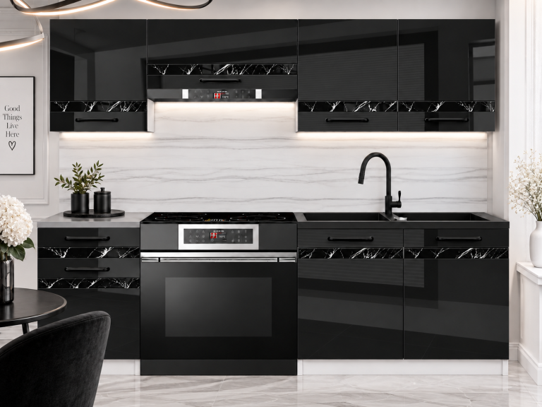 Meble kuchenne Prestige 180 cm czarny połysk bez blatu Producent INF P Leonardo/0/WT/B/BB/A1/CS