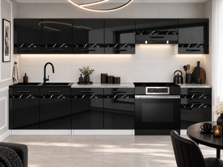 Meubles de cuisine Prestige 260 cm noir brillant avec plan de travail Fabricant INF P Frida/0/WT/B/0/A1/CS