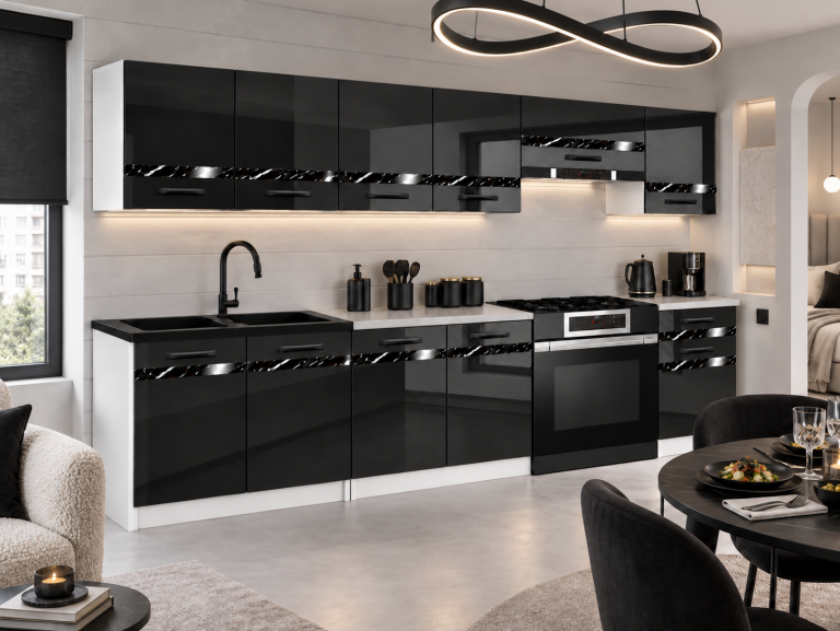Meubles de cuisine Prestige 260 cm noir brillant avec plan de travail Fabricant INF P Frida/0/WT/B/0/A1/CS