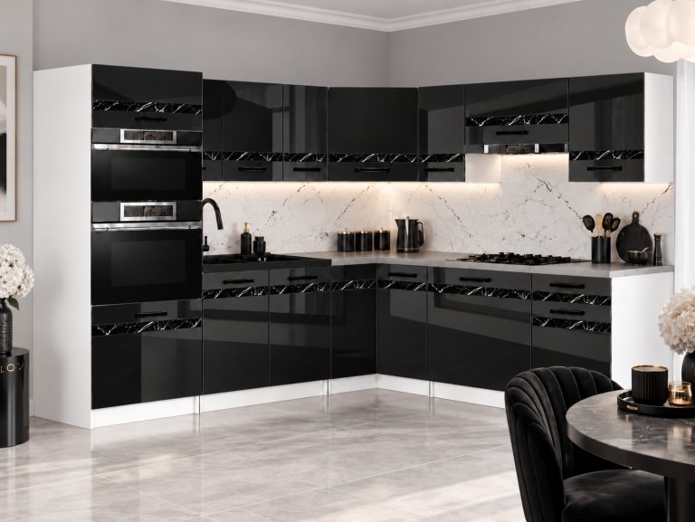 Meubles de cuisine Prestige 420 cm noir brillant avec plan de travail Fabricant INF P Diego/0/WT/B/0/A1/CS