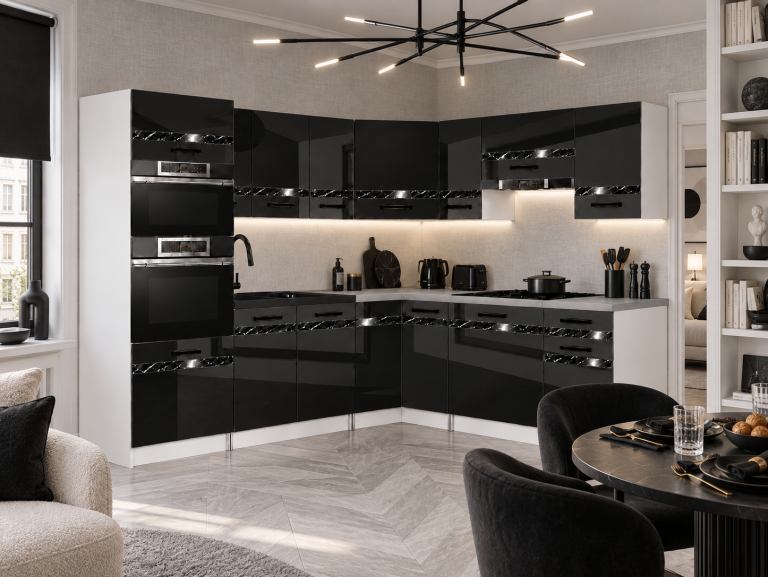 Meubles de cuisine Prestige 420 cm noir brillant avec plan de travail Fabricant INF P Diego/0/WT/B/0/A1/CS