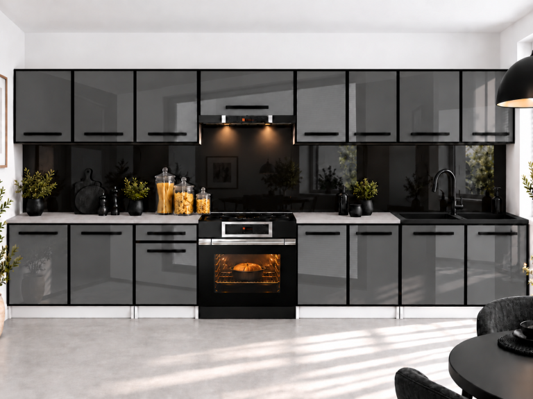 Meubles de cuisine Linea 320 cm gris brillant sans plan de travail Fabricant INF L Vincent/0/WT/S/BB/A1