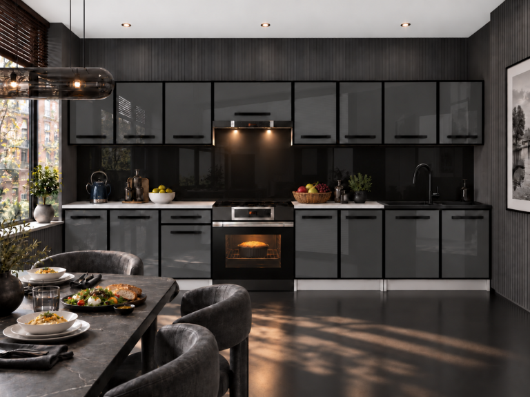 Meubles de cuisine Linea 320 cm gris brillant sans plan de travail Fabricant INF L Vincent/0/WT/S/BB/A1