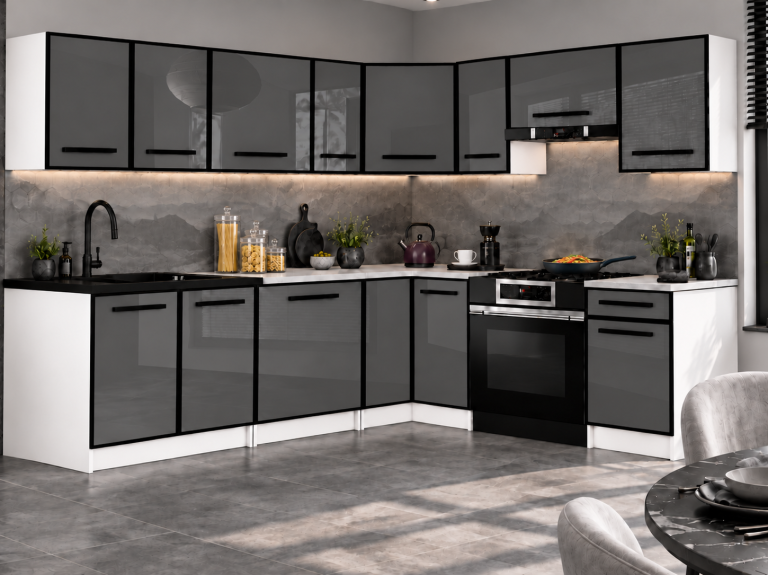 Meubles de cuisine Linea 420 cm gris brillant avec plan de travail Fabricant INF L Gustav/0/WT/S/0/A1