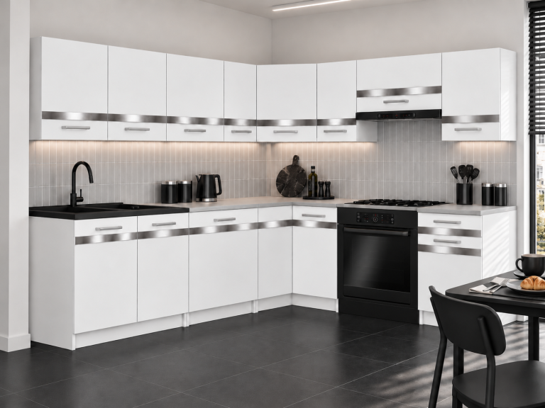 Meubles de cuisine Prestige 420 cm blanc mat avec plan de travail Fabricant TOR P Gustav/0/WT/WT/0/C1/SL