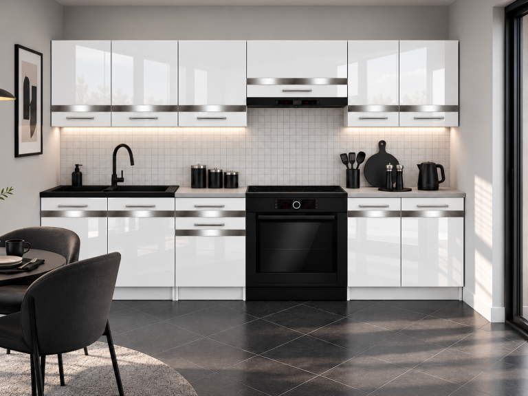 Meubles de cuisine Prestige 240 cm blanc brillant avec plan de travail Fabricant INF P Salvador/0/WT/W/0/C1/SL