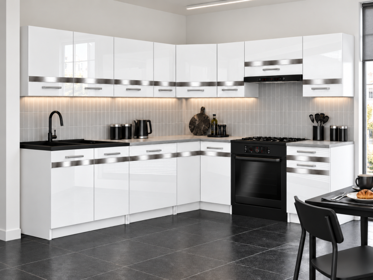 Meubles de cuisine Prestige 420 cm blanc brillant avec plan de travail Fabricant INF P Gustav/0/WT/W/0/C1/SL