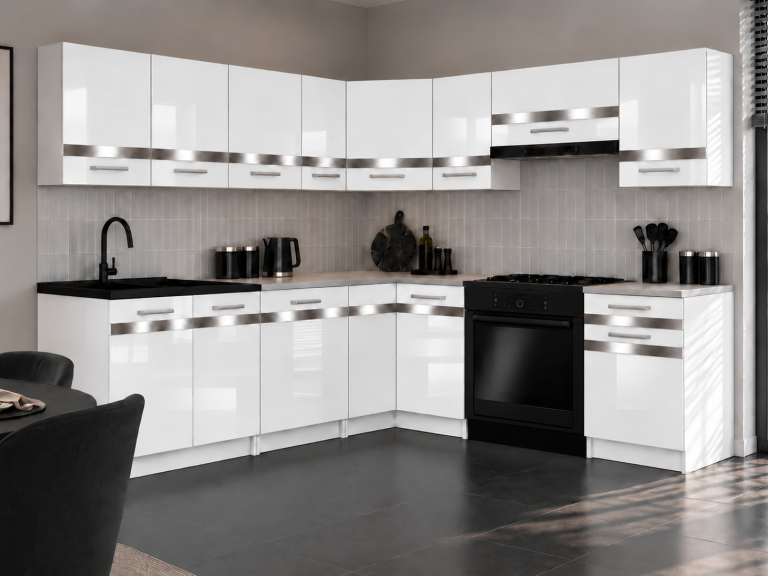 Meubles de cuisine Prestige 420 cm blanc brillant avec plan de travail Fabricant INF P Gustav/0/WT/W/0/C1/SL