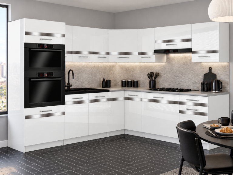 Meubles de cuisine Prestige 420 cm blanc brillant avec plan de travail Fabricant INF P Diego/0/WT/W/0/C1/SL