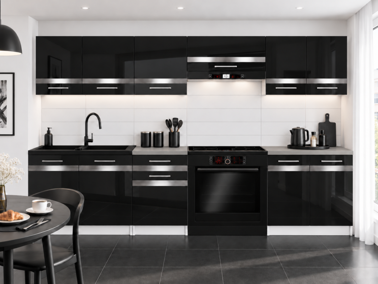 Meble kuchenne Prestige 240 cm czarny połysk z blatem Producent INF P Salvador/0/WT/B/0/C1/SL