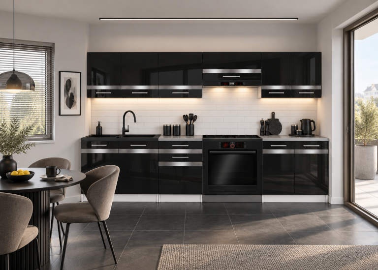 Meble kuchenne Prestige 240 cm czarny połysk z blatem Producent INF P Salvador/0/WT/B/0/C1/SL