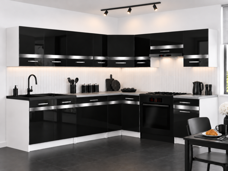Meubles de cuisine Prestige 420 cm noir brillant avec plan de travail Fabricant INF P Gustav/0/WT/B/0/C1/SL