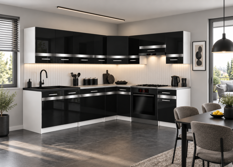 Meubles de cuisine Prestige 420 cm noir brillant avec plan de travail Fabricant INF P Gustav/0/WT/B/0/C1/SL