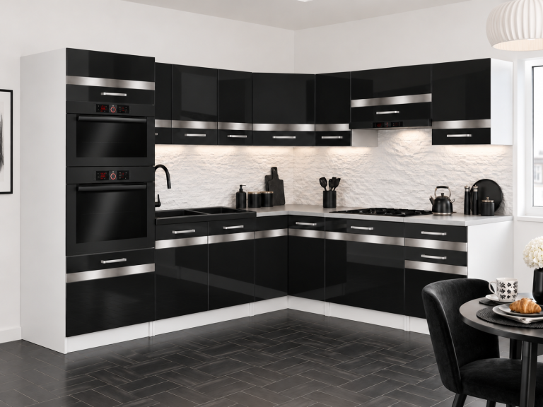 Meubles de cuisine Prestige 420 cm noir brillant avec plan de travail Fabricant INF P Diego/0/WT/B/0/C1/SL