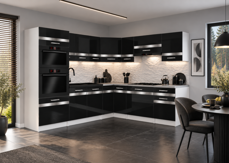 Meubles de cuisine Prestige 420 cm noir brillant avec plan de travail Fabricant INF P Diego/0/WT/B/0/C1/SL