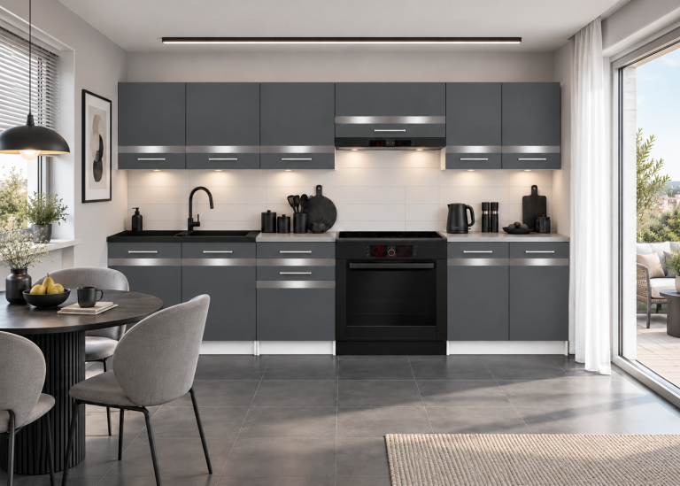 Meubles de cuisine Prestige 240 cm gris mat avec plan de travail Fabricant TOR P Salvador/0/WT/SR/0/C1/SL