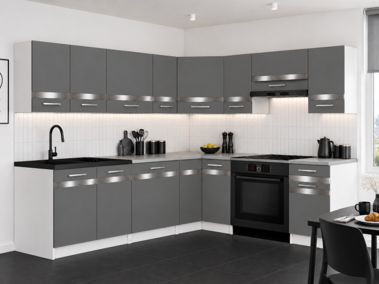 Meubles de cuisine Prestige 420 cm gris mat sans plan de travail Fabricant TOR P Gustav/0/WT/SR/BB/C1/SL