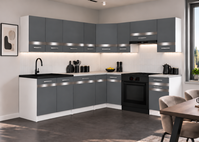 Meubles de cuisine Prestige 420 cm gris mat sans plan de travail Fabricant TOR P Gustav/0/WT/SR/BB/C1/SL