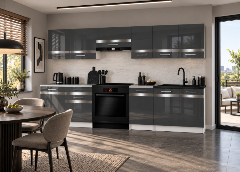 Meubles de cuisine Prestige 240 cm gris brillant sans plan de travail Fabricant INF P Salvador/0/WT/S/BB/C1/SL