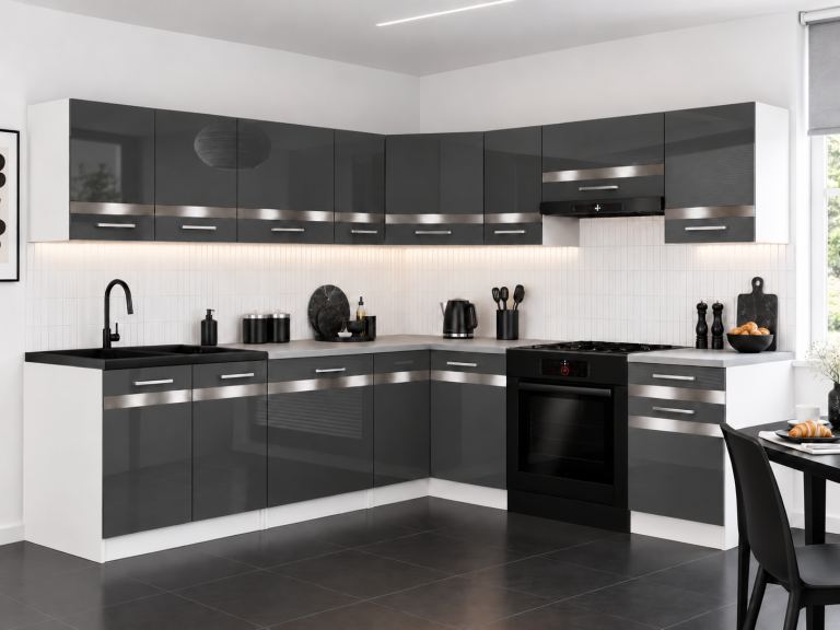 Meubles de cuisine Prestige 420 cm gris brillant sans plan de travail Fabricant INF P Gustav/0/WT/S/BB/C1/SL