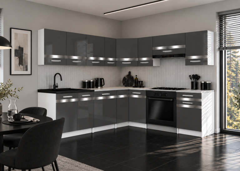 Meubles de cuisine Prestige 420 cm gris brillant sans plan de travail Fabricant INF P Gustav/0/WT/S/BB/C1/SL