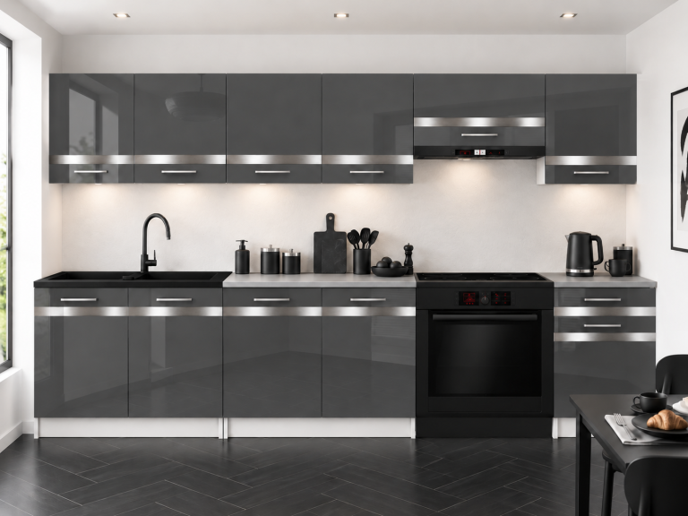 Meubles de cuisine Prestige 260 cm gris brillant sans plan de travail Fabricant INF P Frida/0/WT/S/BB/C1/SL