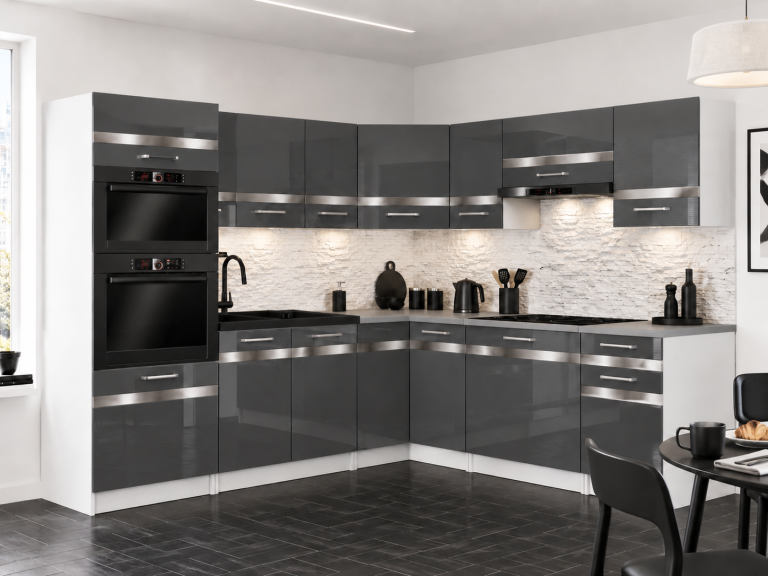 Meubles de cuisine Prestige 420 cm gris brillant sans plan de travail Fabricant INF P Diego/0/WT/S/BB/C1/SL