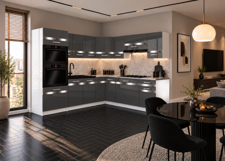 Meubles de cuisine Prestige 420 cm gris brillant sans plan de travail Fabricant INF P Diego/0/WT/S/BB/C1/SL