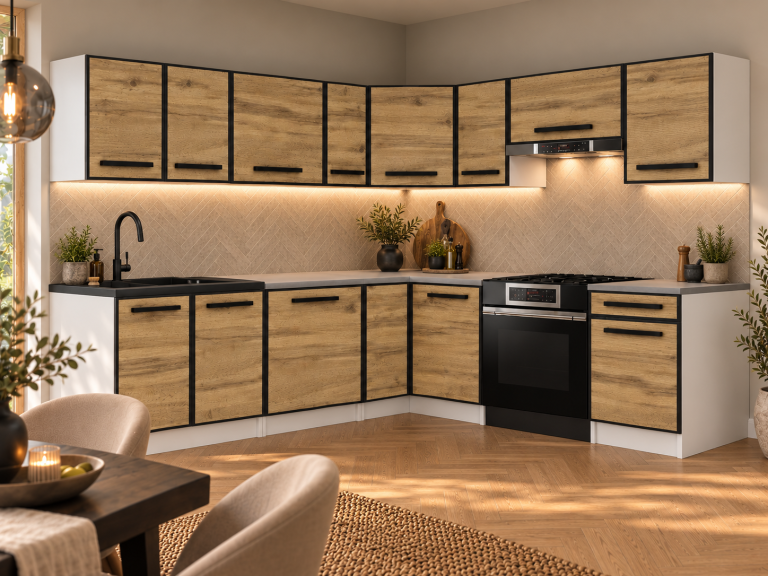 Meubles de cuisine Linea 420 cm chêne wotan avec plan de travail Fabricant TOR L Gustav/0/WT/DW/0/A1