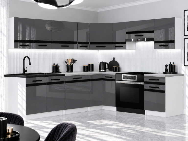 Meubles de cuisine Prestige 420 cm gris brillant avec plan de travail Fabricant INF P Gustav/0/WT/S/0/A1/CM