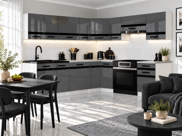 Meubles de cuisine Prestige 420 cm gris brillant avec plan de travail Fabricant INF P Gustav/0/WT/S/0/A1/CM