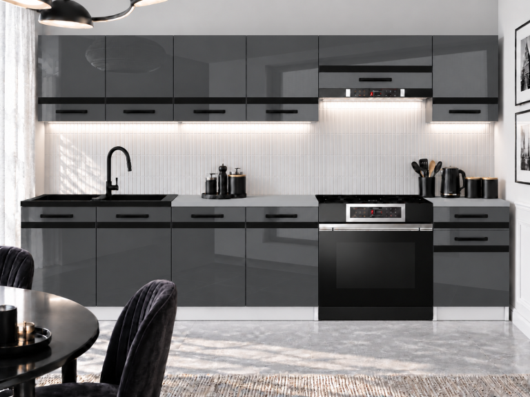 Meubles de cuisine Prestige 260 cm gris brillant avec plan de travail Fabricant INF P Frida/0/WT/S/0/A1/CM