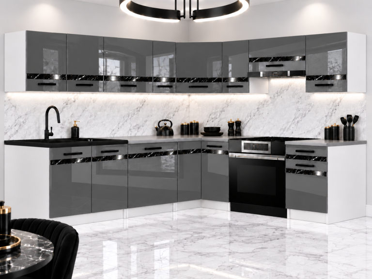 Meubles de cuisine Prestige 420 cm gris brillant avec plan de travail Fabricant INF P Gustav/0/WT/S/0/A1/CS