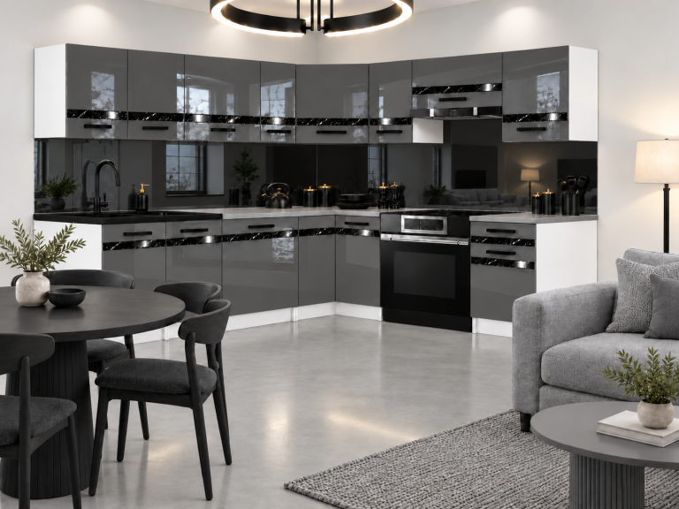 Meubles de cuisine Prestige 420 cm gris brillant avec plan de travail Fabricant INF P Gustav/0/WT/S/0/A1/CS