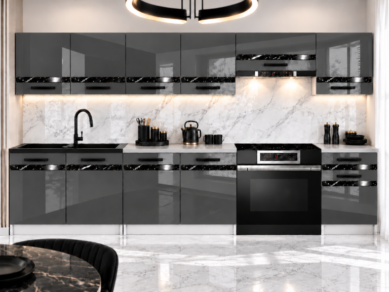Meubles de cuisine Prestige 260 cm gris brillant avec plan de travail Fabricant INF P Frida/0/WT/S/0/A1/CS