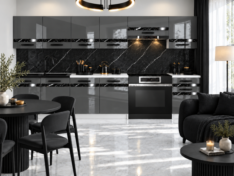 Meubles de cuisine Prestige 260 cm gris brillant avec plan de travail Fabricant INF P Frida/0/WT/S/0/A1/CS