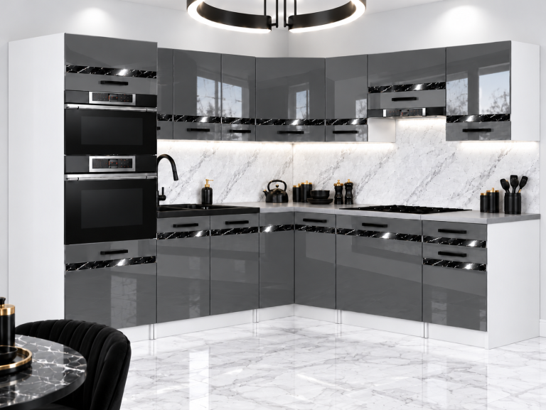 Meubles de cuisine Prestige 420 cm gris brillant sans plan de travail Fabricant INF P Diego/0/WT/S/BB/A1/CS